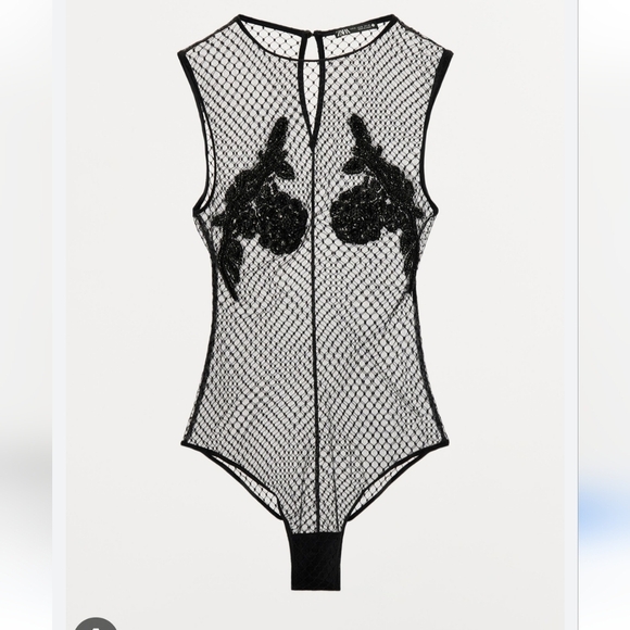 Zara Black Sheer Bodysuit with Sequin Detail Size Small - Picture 6 of 7